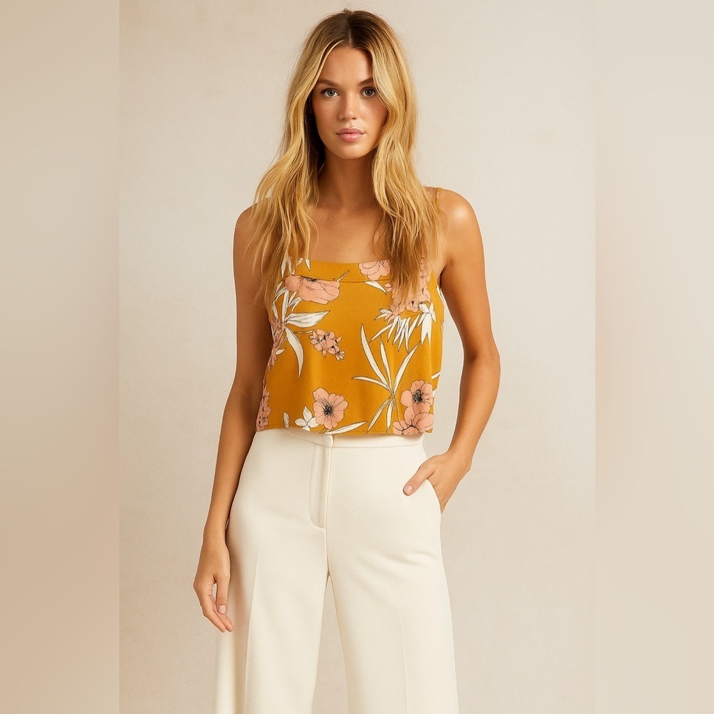Express Satin Floral Cropped Cami Marigold Gold Yellow Flowy sz XS